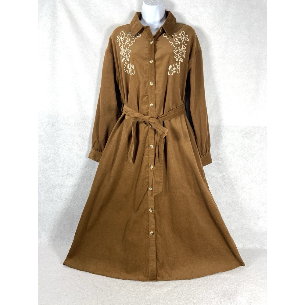 Jodifl Shirt Dress Women's Medium Brown Corduroy Embroidered Long Sleeve New